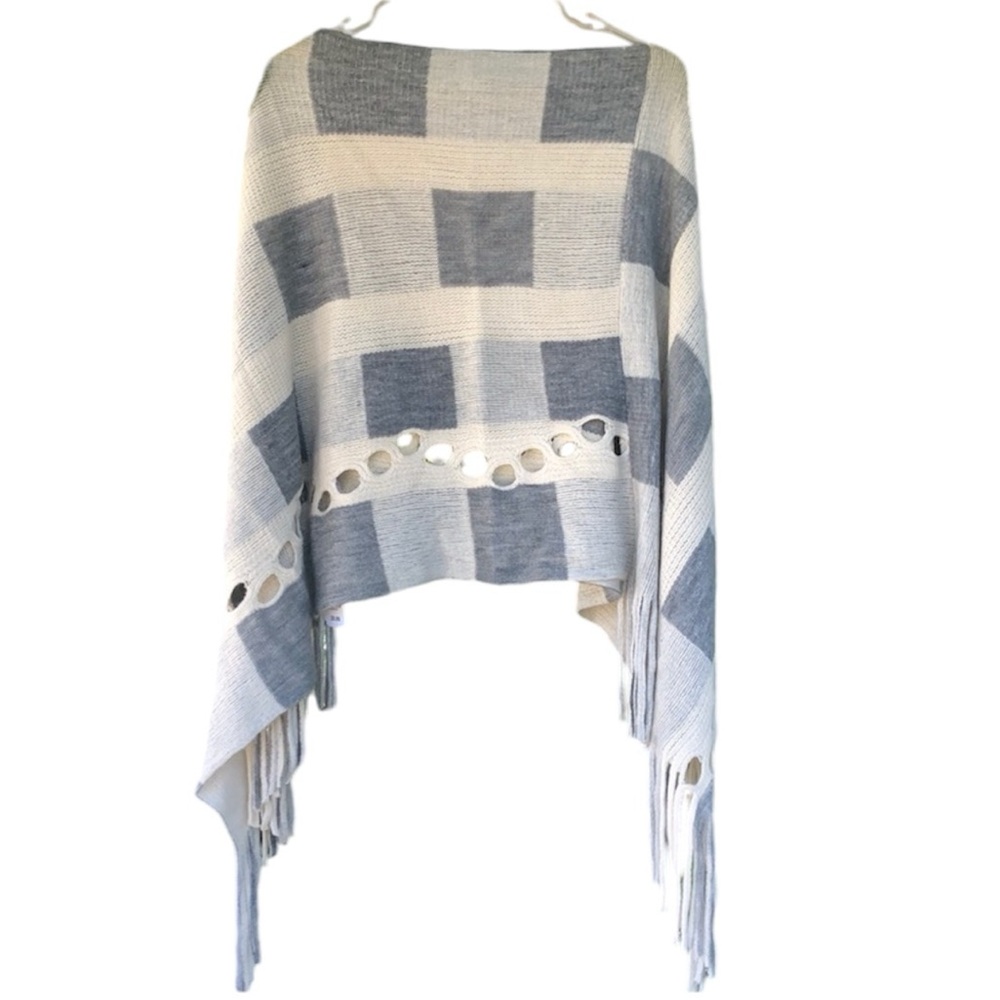 NWT- Gray & Ivory Fringe Hem Poncho top, one size